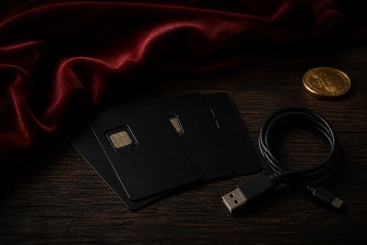 Warning still-life of an unsigned phone installer beside a closed gold cabinet on a dark desk