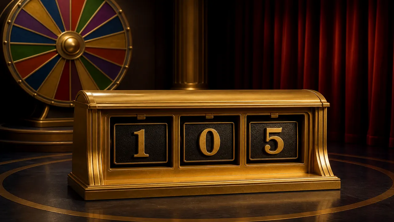 Gold Vegas number cabinet on a casino-style dark stage with red curtain, three windows lit