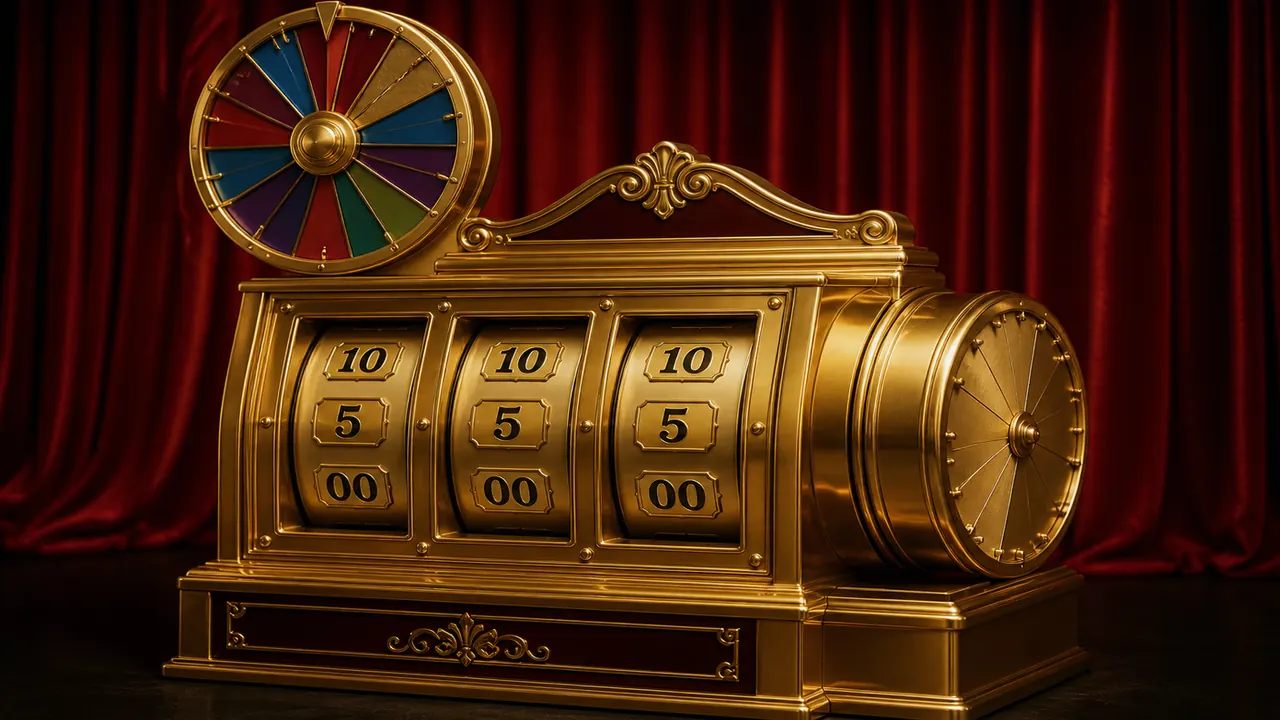 Two stacks beside a gold cabinet, blank practice chips on the left and a closed cash tray on the right