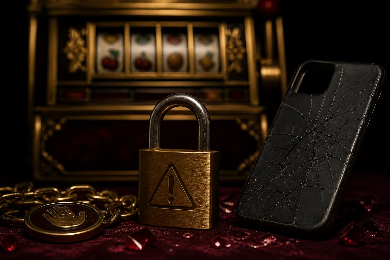 Warning still-life of several unsigned installers scattered around a closed gold cabinet