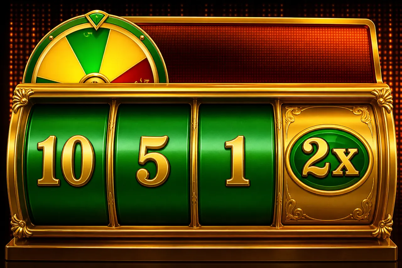 Three green number reels showing 10, 5, and 1 in a gold frame with a gold special reel on the right