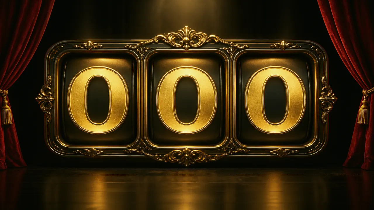 Gold number cabinet under a red curtain with a catalog-style dark stage and idle Lucky Wheel