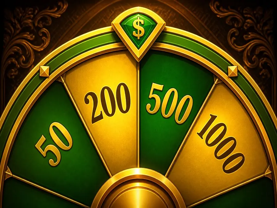 Green and gold prize wheel with large gold numbers and a green pointer on top