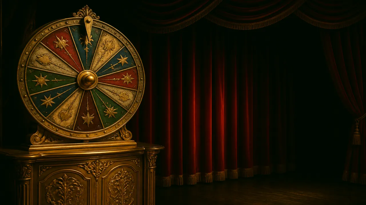Phone in landscape holding a gold three-window cabinet against a dark stage