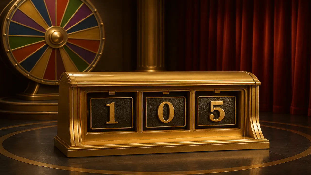 Two gold cabinets side by side on a dark stage, the right unit marked as a later sequel shell
