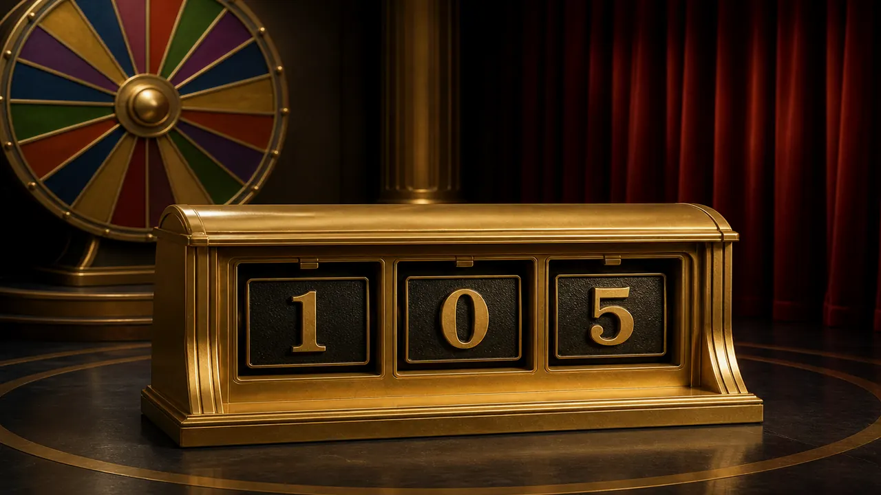 Gold cabinet on a dark stage with a dated paper note beside three number windows