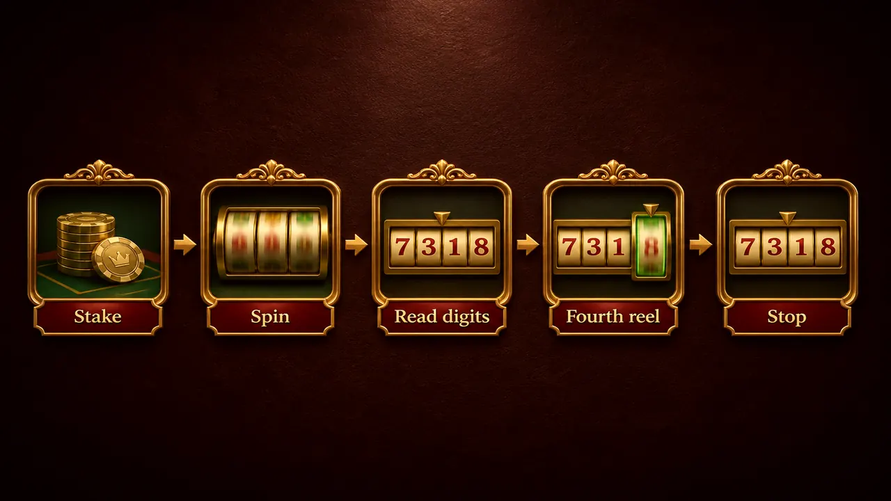 Three gold reel windows filled with digit tiles 0, 1, and 10 against a dark stage
