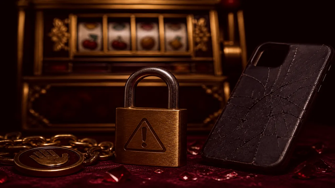 Warning still-life of two phones, one showing a gold cabinet silhouette and one a blank clone screen