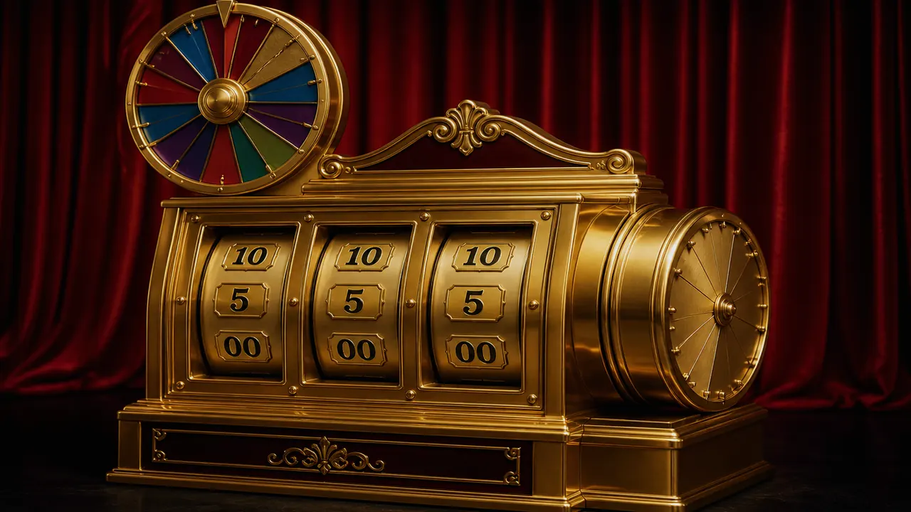 Gold-plated cabinet under a red stage curtain with a dark Vegas show floor and three empty windows