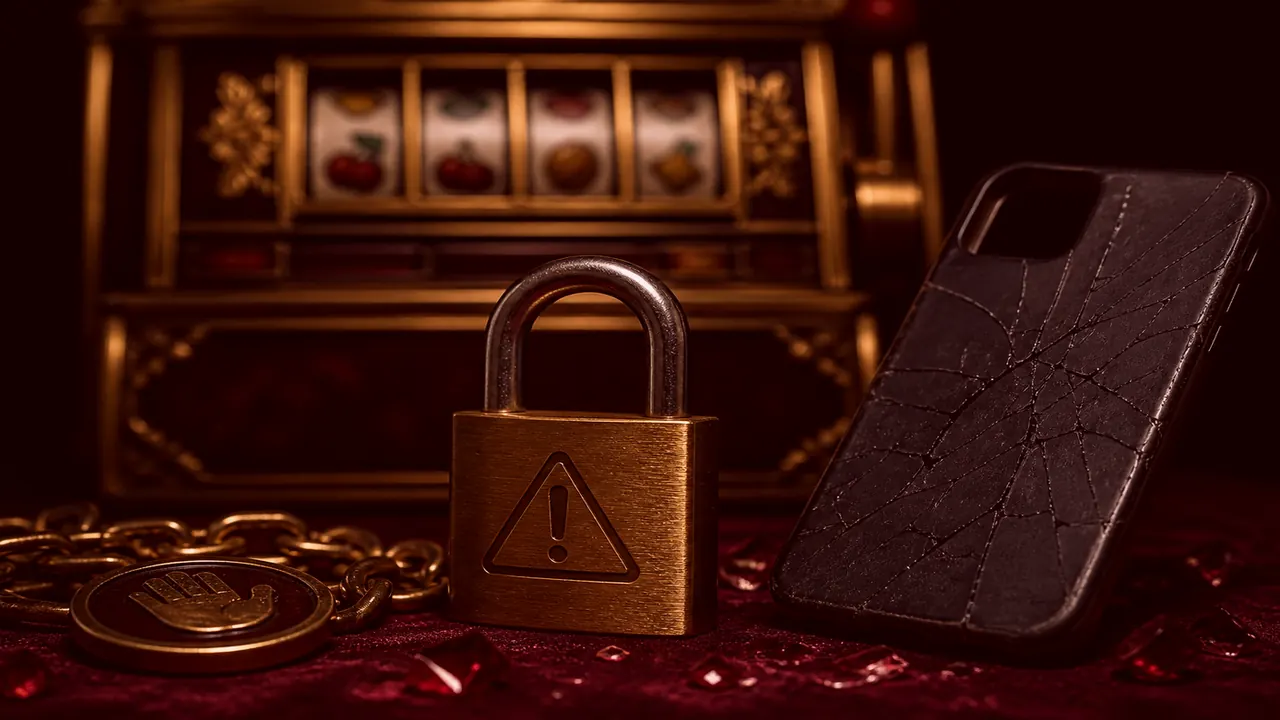Warning still-life of a cash envelope and phone installer beside a closed gold cabinet