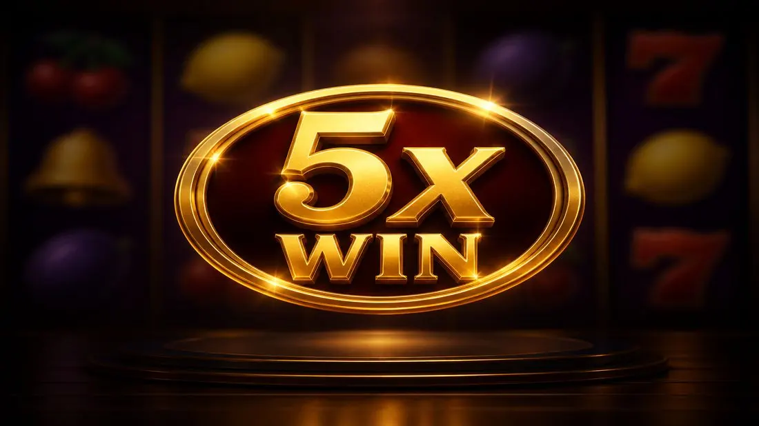 Large 5x WIN badge above a soft special reel