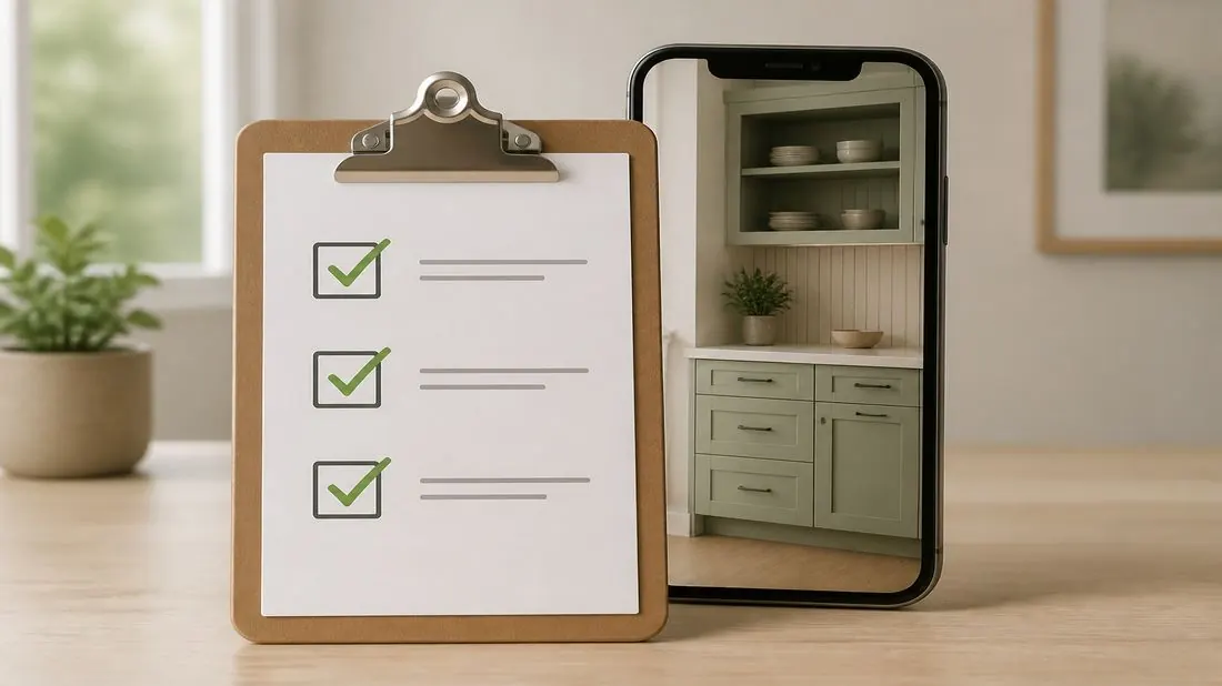 Beginner checklist clipboard in front of a phone cabinet