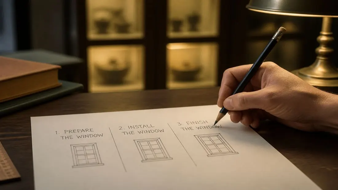 Hand writing three window columns on a practice slip