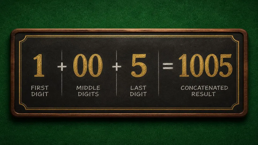 Concatenation example 1 + 00 + 5 on green felt