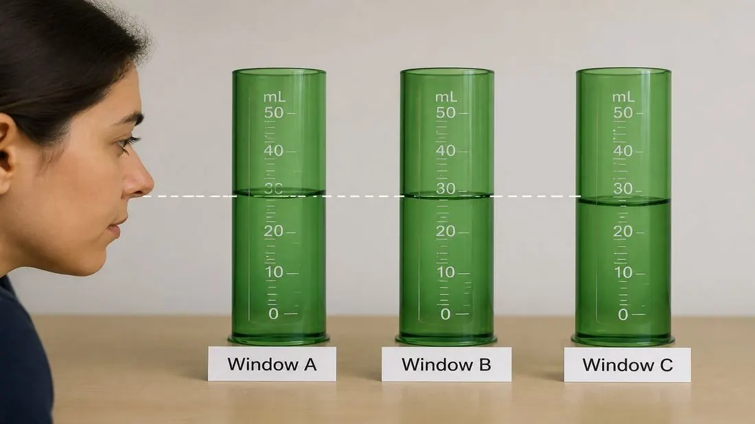 Windows labeled A B C under green cylinders