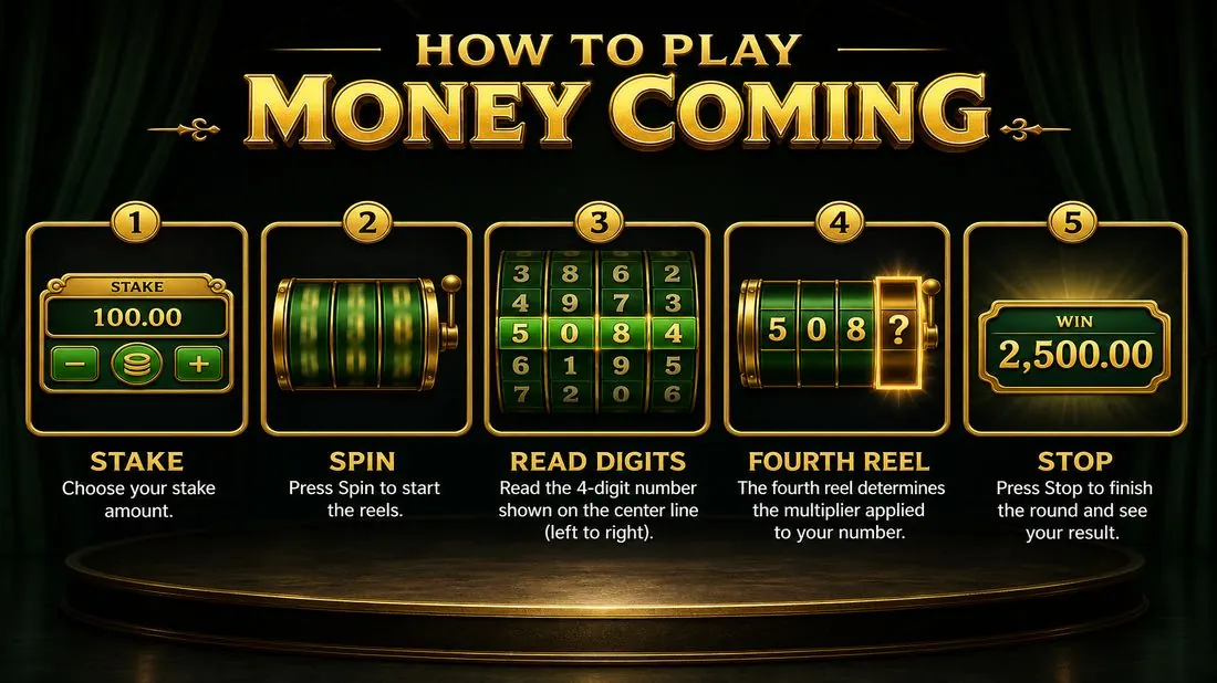 Five gold step frames for stake, spin, read, fourth reel, and stop