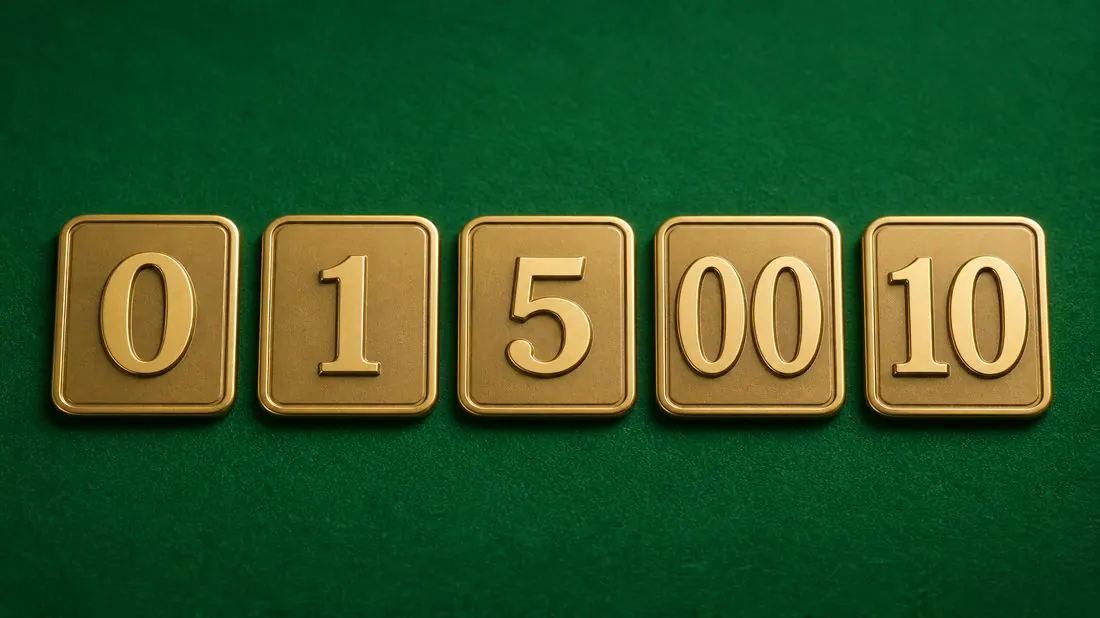 Five gold digit tiles 0 1 5 00 10 on green felt