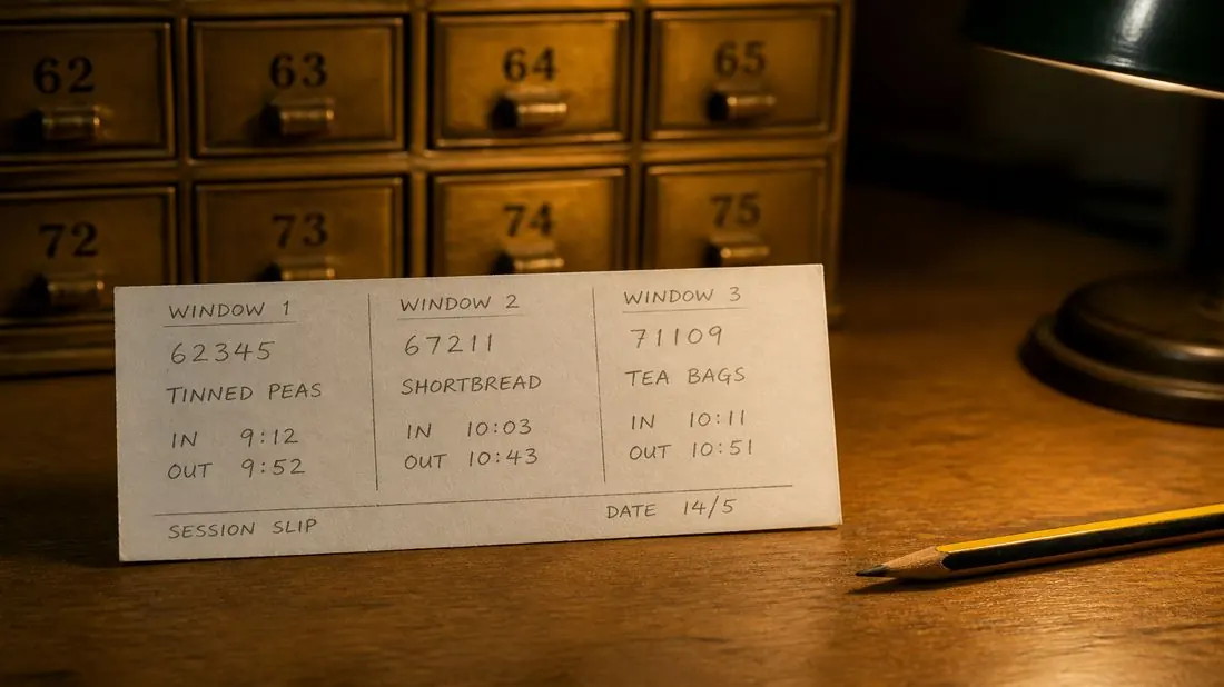 Handwritten session slip with three window columns beside the cabinet
